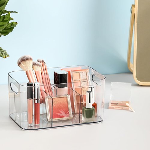 5-Compartment Clear Plastic Bin | Versatile Art Supplies & Makeup Organizer - Ideal for Vanity, Bathroom, Kitchen