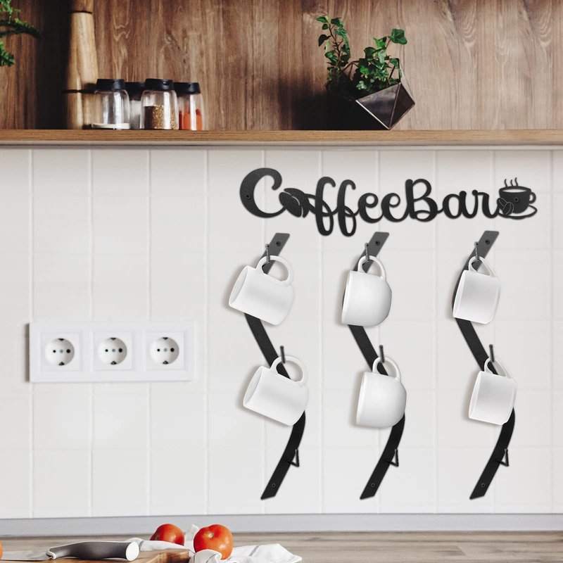 Peryiter Coffee Cup Holder Coffee Mug Wall Rack Mounted with Bar Shelf Curve Metal Cup Rack Wall Hanging Holder with 9 Hooks for Kitchen Bar Office Corner Station Decor Display
