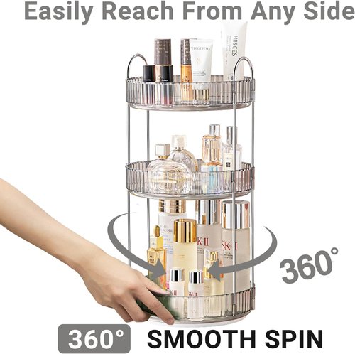 Asayuee 360° Rotating Makeup Organizer - Large Capacity 3-Tier Storage for Bathroom & Cosmetics | Grey