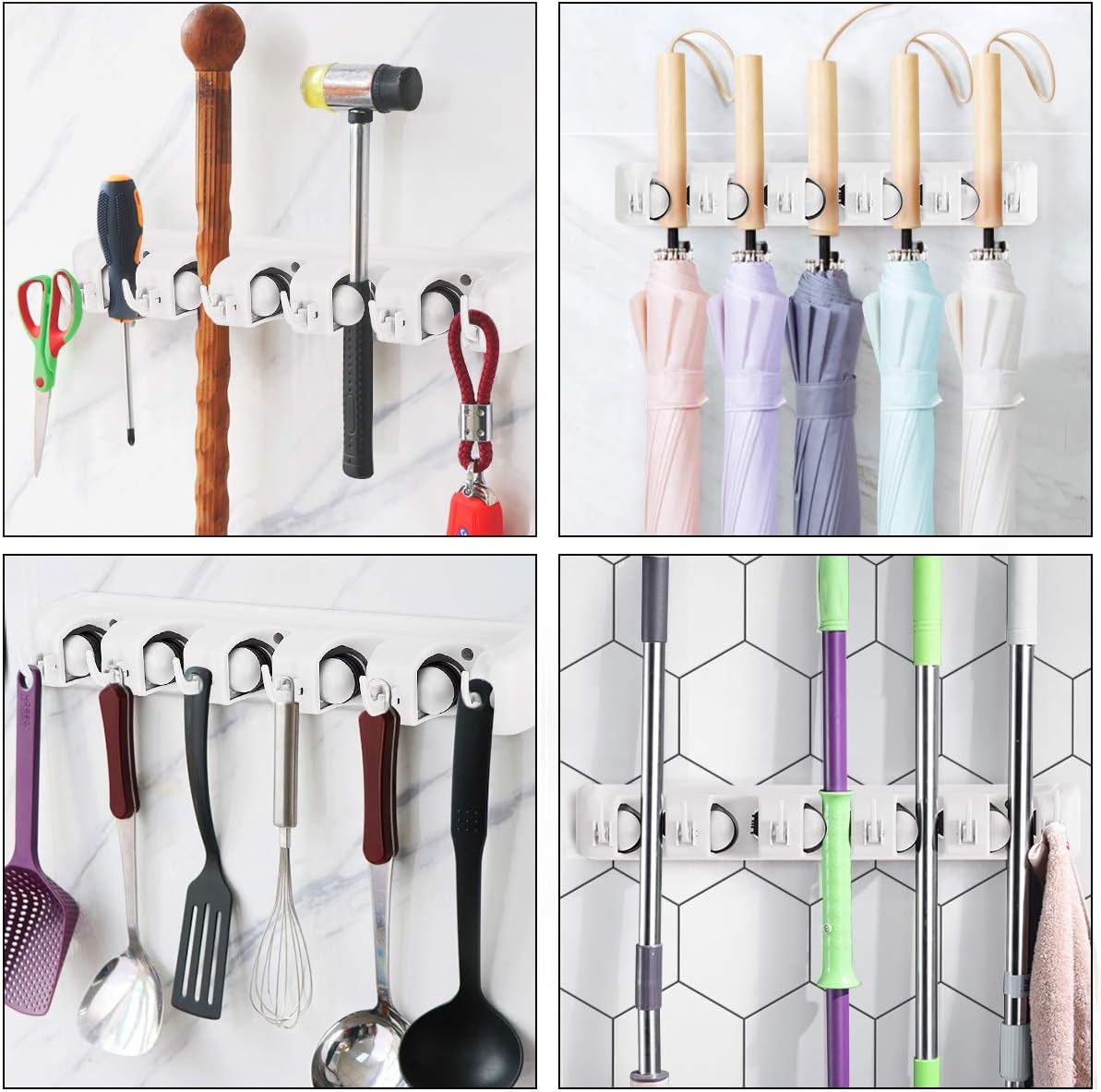 Tangkula Wall Mount Broom Holder - 5 Slot Organizer with 6 Hooks for Home, Kitchen & Garage Storage (White)