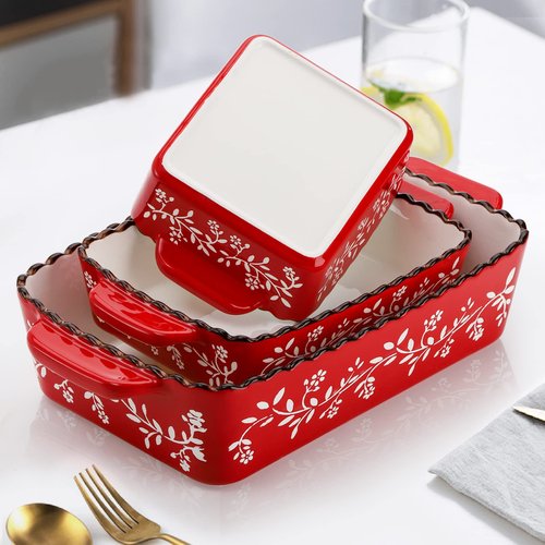 AVLA 3 Pack Ceramic Bakeware Set, Porcelain Rectangular Baking Dish Lasagna Pans for Cooking, Kitchen, Casserole Dishes, Cake Dinner, 12 x 8.5 x 6 Inches of Baking Pans, Banquet and Daily Use, Red