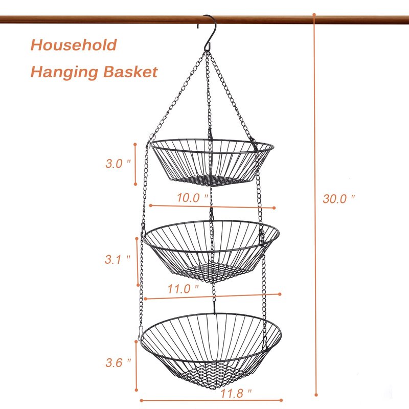 JUNCHU CHERRY 3-Tier Wire Fruit Hanging Basket 2 Packs,non-Punching Wall Hanging Storage,Kitchen Bathroom Organization Basket,Suitable for Bathroom,Kitchen,Closet,Garden,Black