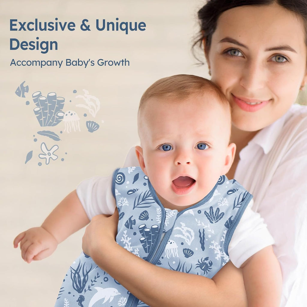 Unnivoll Baby Sleep Sack - 100% Cotton Lightweight 0.5 TOG Wearable Blanket | 0-6 Months, Blue Dolphin