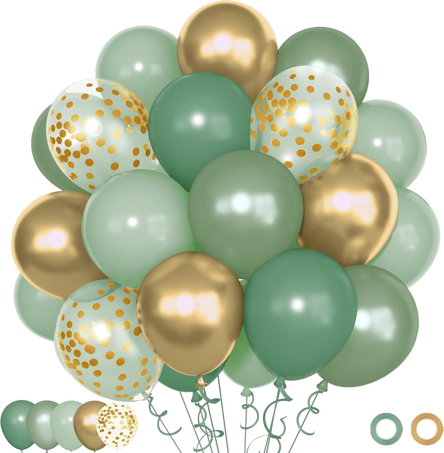 Skiennix 72Pcs Sage Green Balloon Set - 12" Latex & Pearl Metallic Gold Balloons for Parties