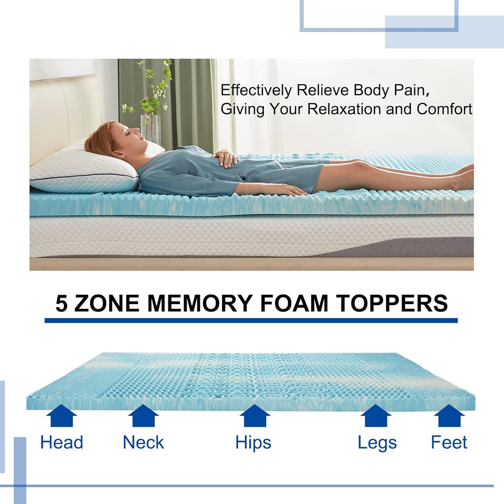 SINWEEK 2-Inch Memory Foam Mattress Topper - 5-Zone Pressure Relief Design, Twin Size Blue