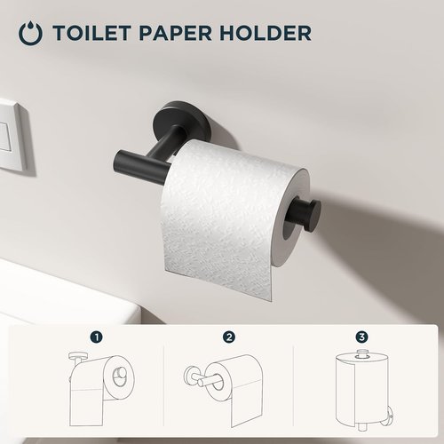 FORIOUS Bathroom Accessories Set - SUS304 Stainless Steel Toilet Paper Holder, Towel Ring & Hooks | Matte Black