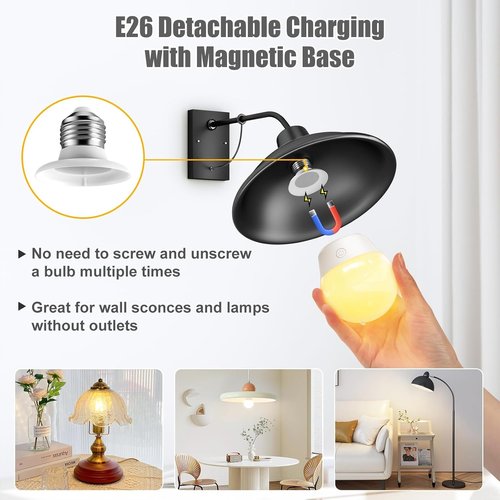 Brightown E26 Rechargeable Light Bulb - Remote & Timer, Dimmable with 3 Color Temperatures + 9 RGB Colors | 2 Pack