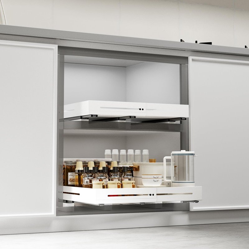 AmzAge Pull Out Cabinet Organizer With Raising Pad for Framed Cabinets,Adjustable Depth(12.8"-17.5") And Width(14.8"-20.5"),Slide Out Drawers,No Drill Design,Heavy Duty Storing,White