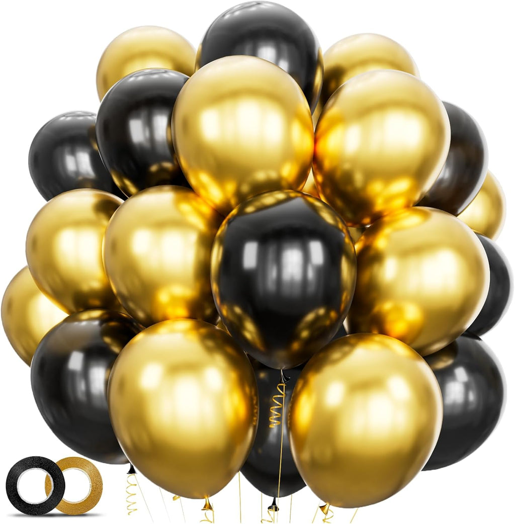 Skiennix 100pcs Black and Gold Balloons - 12 Inch Metallic Latex for Birthday & Graduation Celebrations