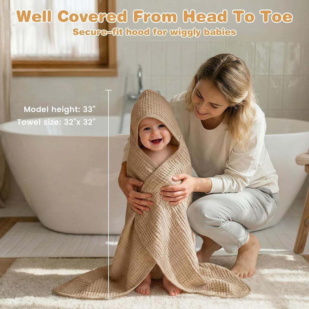 Skiennix Hooded Baby Bath Towels - 6-Layer 100% Muslin Cotton, Soft & Absorbent, Large 32x32 Inch, 2 Pack