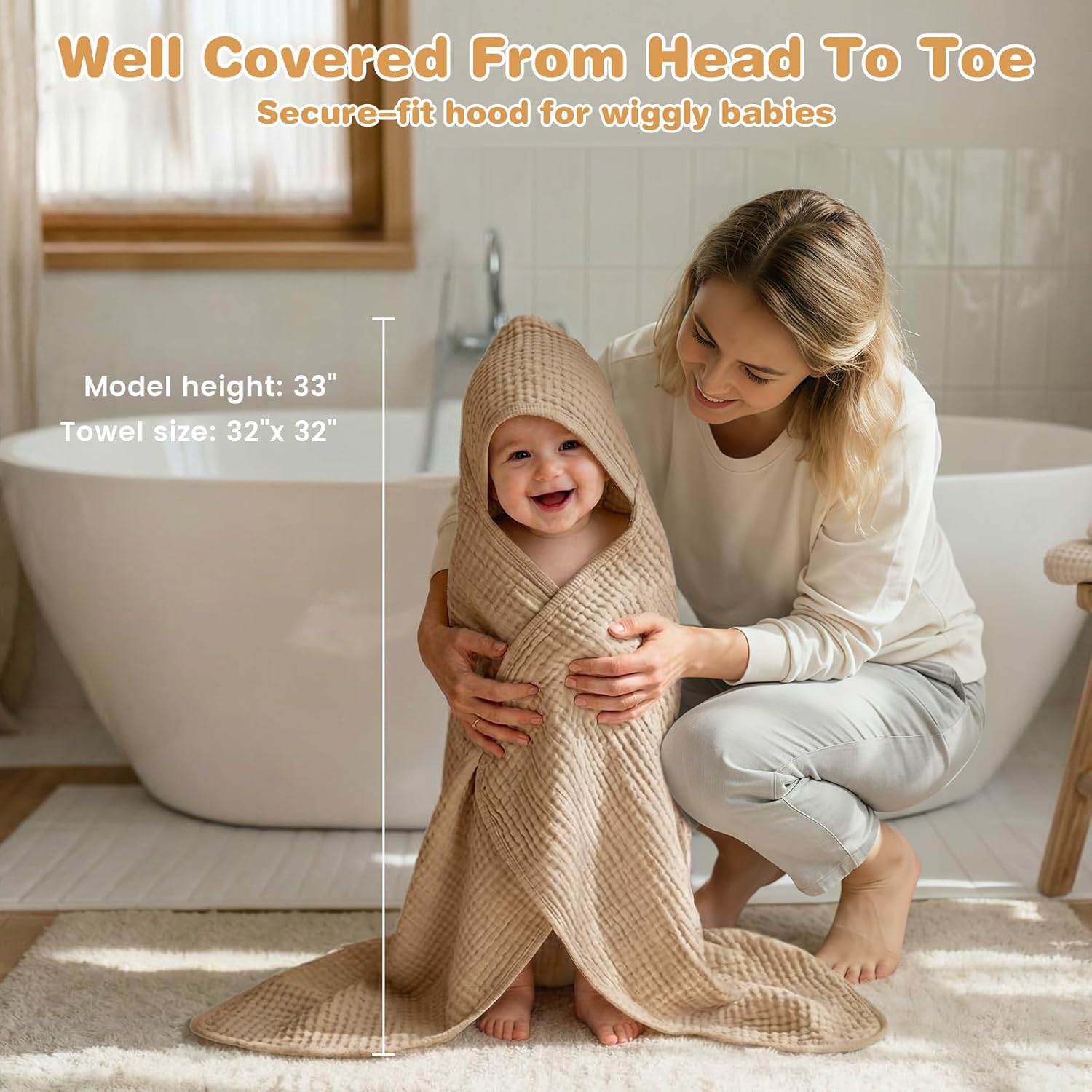 Skiennix Hooded Baby Bath Towels - 6-Layer 100% Muslin Cotton, Soft & Absorbent, Large 32x32 Inch, 2 Pack