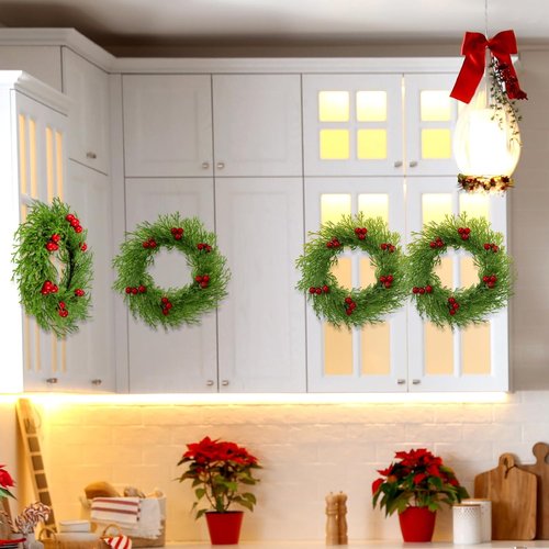 Knitgrip 8 Pcs Small Christmas Wreaths with Red Berry 8.27" Artificial Cedar Candle Rings Holder Mini Wreaths for Cabinets Christmas Holiday Table Centerpiece Window Chair Decor