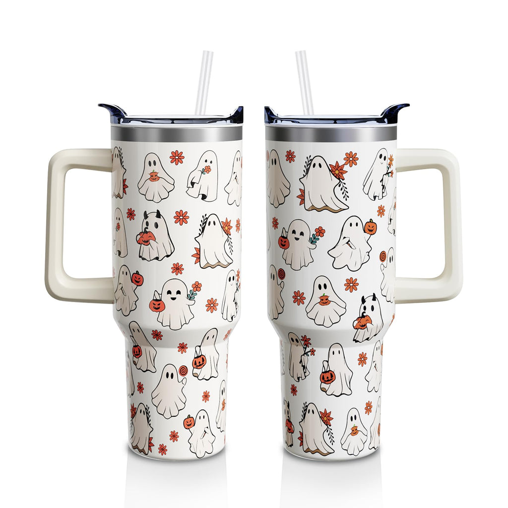 Sabobo Halloween Spooky Cup Gifts for Women Men, Cute Ghost 40oz Tumbler with Handle and Straw, Holiday Stainless Steel Insulated Water Bottle (1 PC)