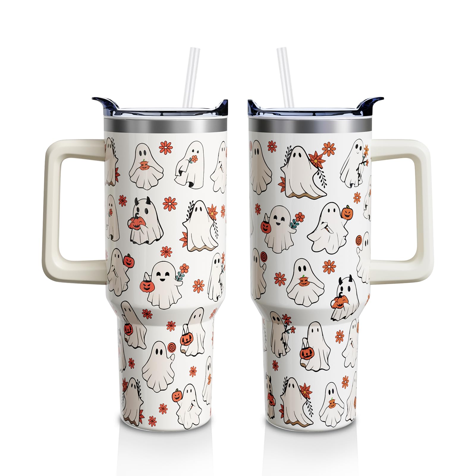 Sabobo Halloween Spooky Cup Gifts for Women Men, Cute Ghost 40oz Tumbler with Handle and Straw, Holiday Stainless Steel Insulated Water Bottle (1 PC)