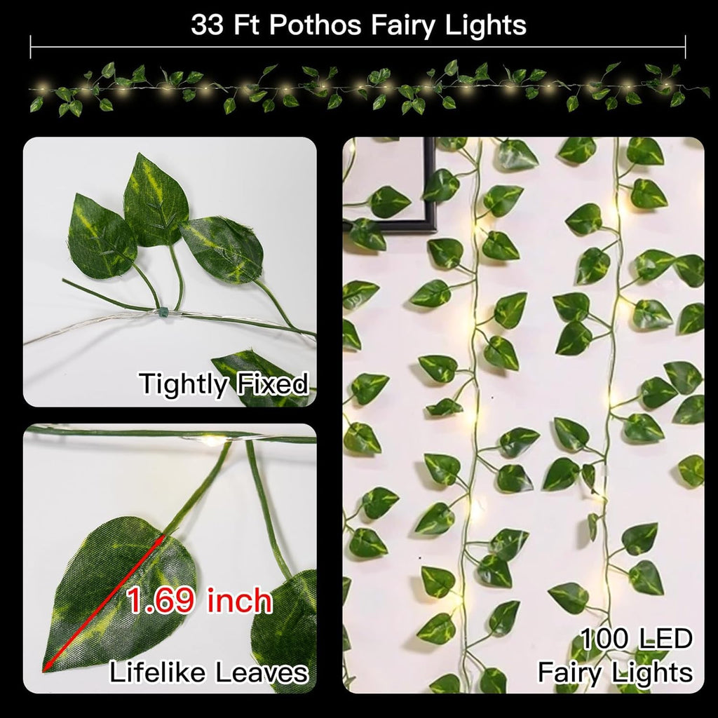 Suddus Artificial Pothos Vines with Fairy Lights - Battery Operated Leaf Decor for Bedroom, Garden & Events