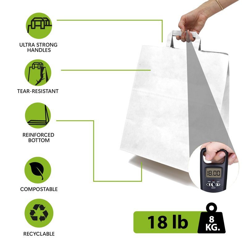 WIPRIME Paper Bag Model Key West of 200 White Kraft with Flat Handles – 10 1/4 x 6 11/16 x 11 Inches Durable, and Perfect for Retail, Grocery, Takeout,Gifts, and Food Packaging