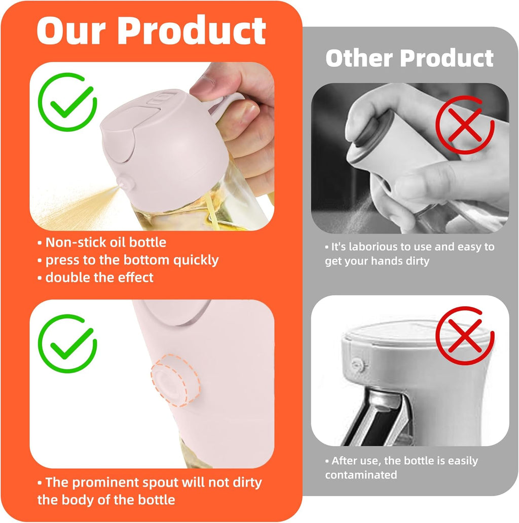 TrendPlain 16oz Glass Olive Oil Sprayer - 2-in-1 Dispenser for Cooking, Air Fryer, Salad & BBQ - Peach