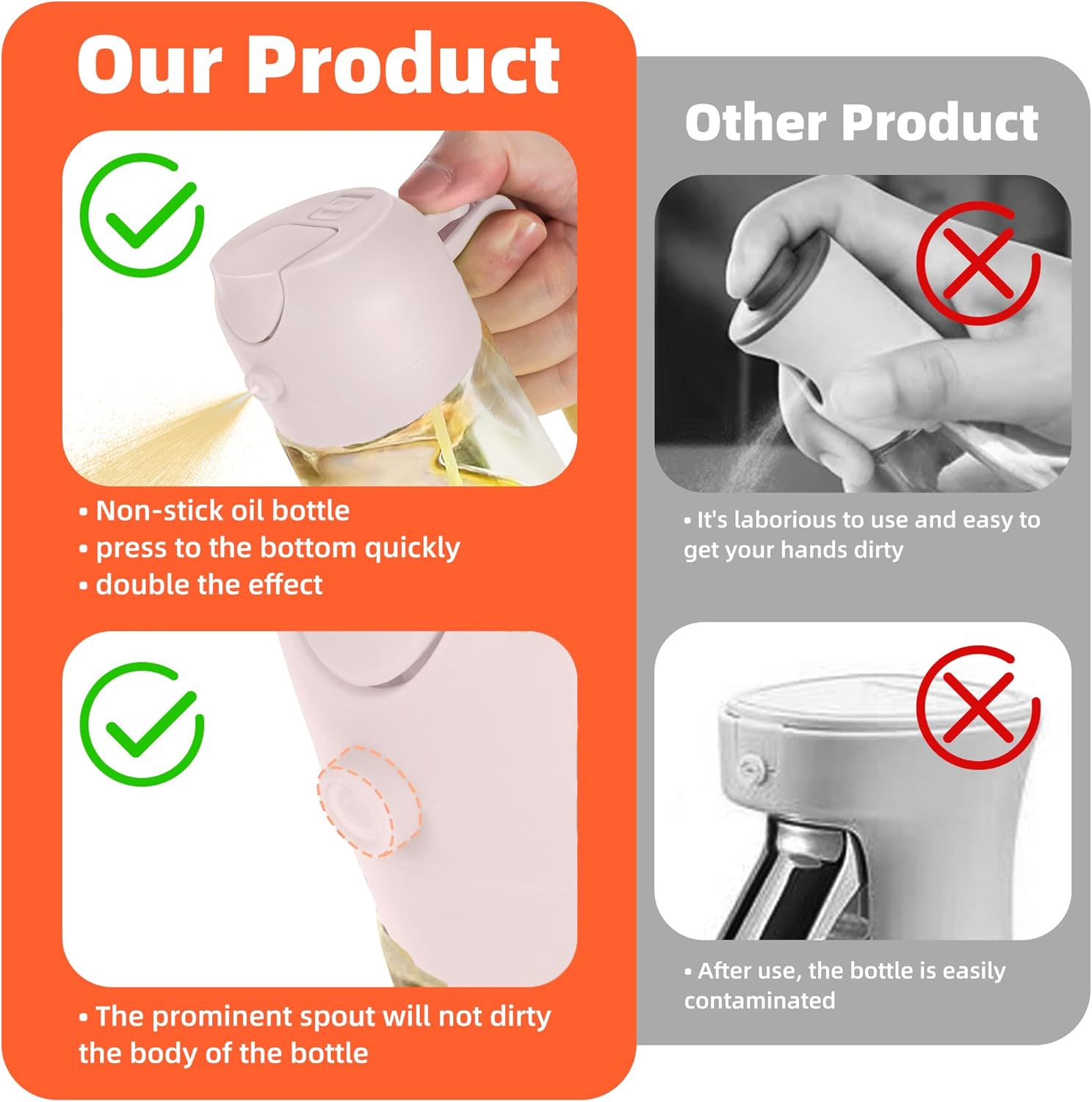 TrendPlain 16oz Glass Olive Oil Sprayer - 2-in-1 Dispenser for Cooking, Air Fryer, Salad & BBQ - Peach