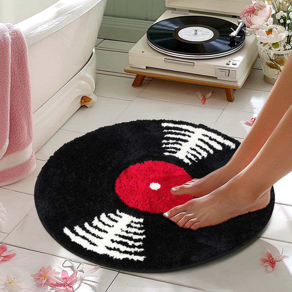 Skiennix Vinyl Record Bath Mat - Retro Non-Slip Washable Rug | Funny Music Theme Decor, 23.5" Black & White