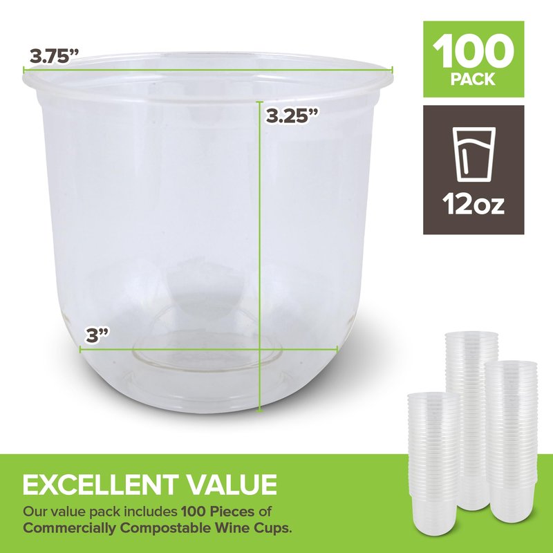 Stock Your Home 12oz Disposable Stemless Wine Glasses, 100 Pack, Commercially Compostable Cold Cups, Cocktail Cups, Round Bottom Plastic Cups, PLA Cups for Wine, Soda & Cocktails