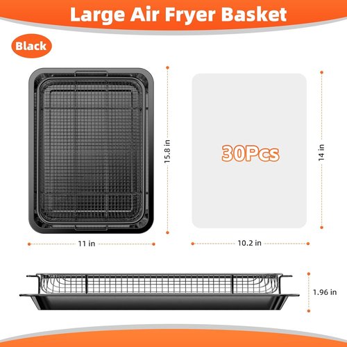 DEGOVIN Air Fryer Pans - Non-Stick Stainless Steel Crisper Tray with Cooking Guide & 30 Parchment Papers | 15.8" × 11" - Black