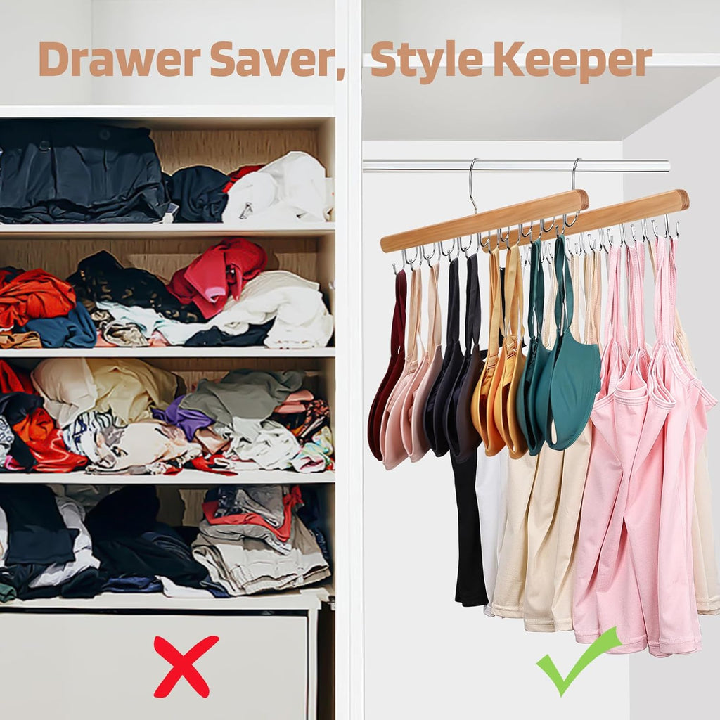 NECAMOCU Premium Wooden Bra Hanger - 2 Pack Closet Organizer with 36 Foldable Hooks & 360° Rotation