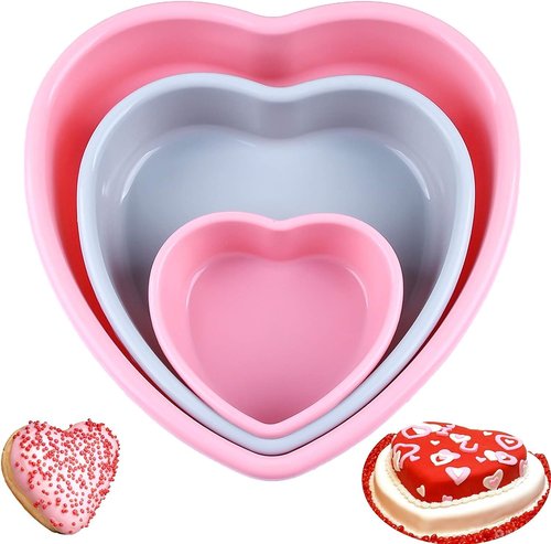 Silicone Heart Baking Pans, Non-Stick Cake Mold Set for Cheesecake and Brownies (3PCS - Pink & Gray)