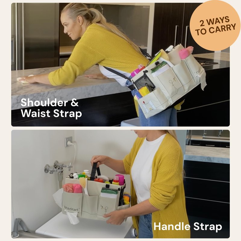 FifthStart Multipurpose Cleaning Caddy with Waist & Shoulder Strap - Diaper Caddy with 9 Pockets, Mesh Base & Adjustable Compartments - Cleaning Supplies Organizer (Yellow Floral, Small)