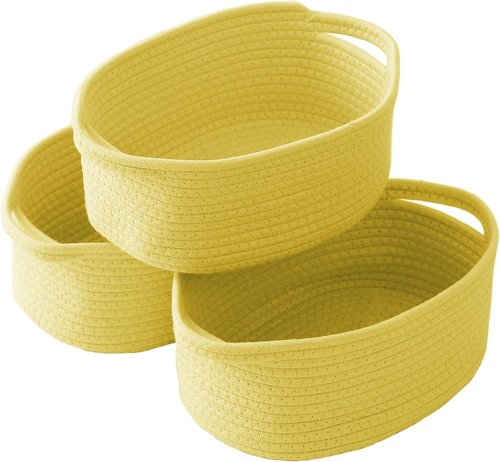 JMvicyroam Woven Basket - Small Rope Storage Bin with Handles | Organizer for Shelves & Closets - Yellow, 3 Pack