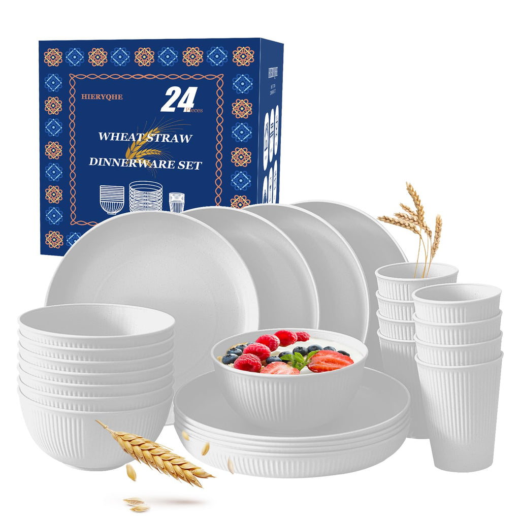 24pcs Wheat Straw Dinnerware Sets For 8, Unbreakable Plates and Bowls Wheat Straw Dinnerware Microwavable Cups Plates and Bowls Sets Shatterproof For Outdoor Kitchen Camping