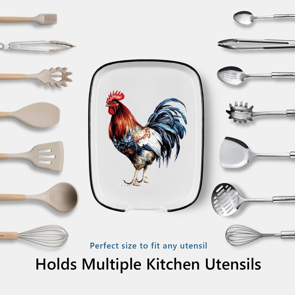 Funny Cute Rooster Ceramic Spoon Rest - Large Heat Resistant Kitchen Utensil Holder for Stove & Countertop - Farmhouse Decor, Chicken Themed Cooking Accessory - Perfect Housewarming Gift ﻿