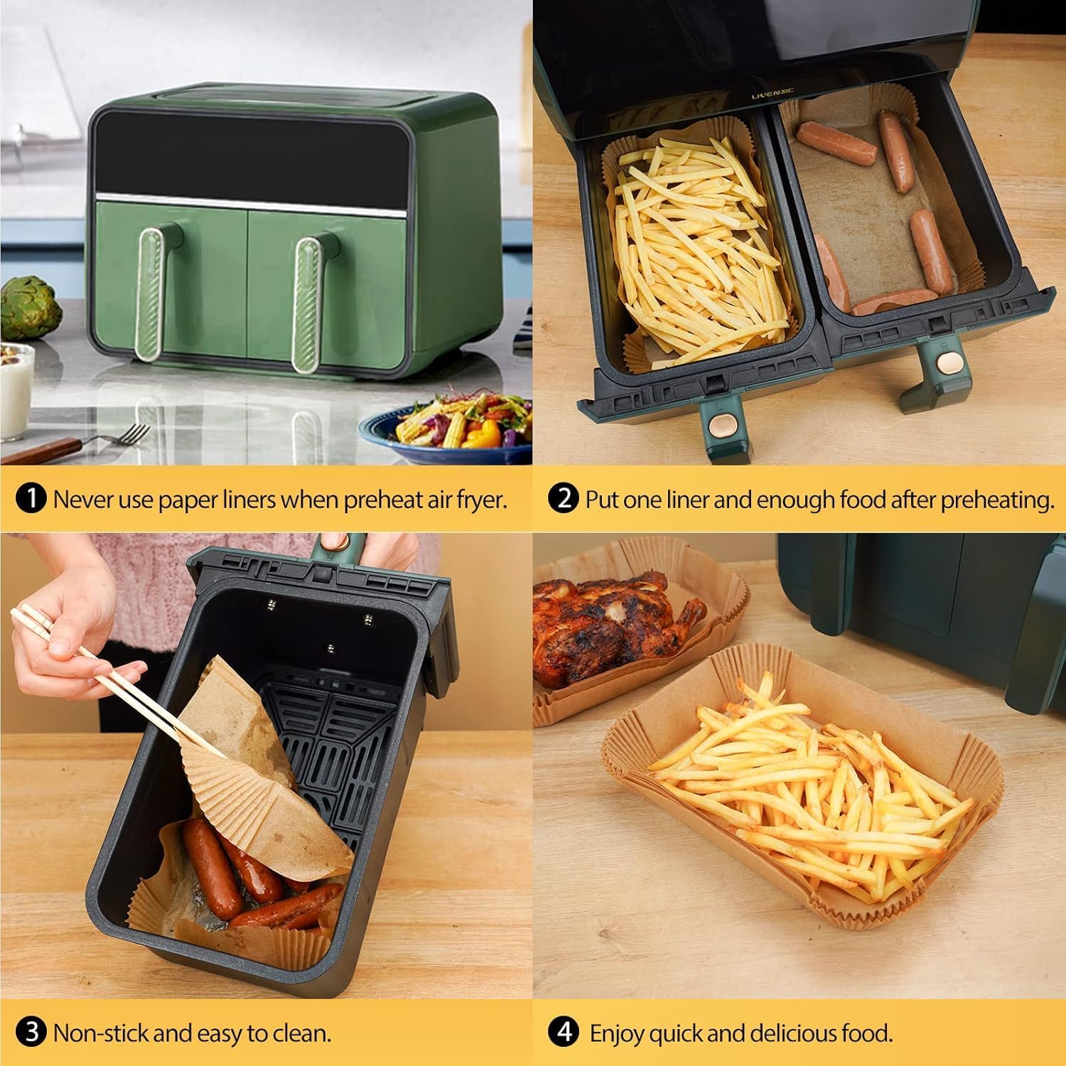 Skiennix Air Fryer Parchment Paper Liners - 100 Pcs Non-Stick, Unbleached Sheets | 8.6x5.5 Inch for Dual Basket Models