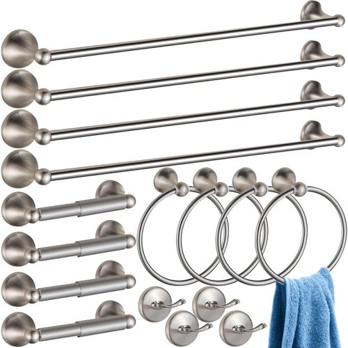 Gisafai 16 Pcs Bathroom Hardware Accessories Set Adjustable Expandable Bath Towel Bar Kit Stainless Steel Bathroom Hardware Set Towel Racks Ring Towel Hooks Holder for Wall Mounted (Silver)
