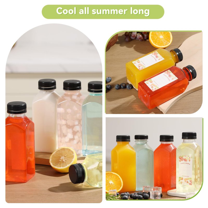 Party Club of America 30pcs 12oz Square Empty Reusable Juice Bottles With Caps,Label, Funnel, And Brush Drink Containers For Juicing Milkshake And Other Beverages
