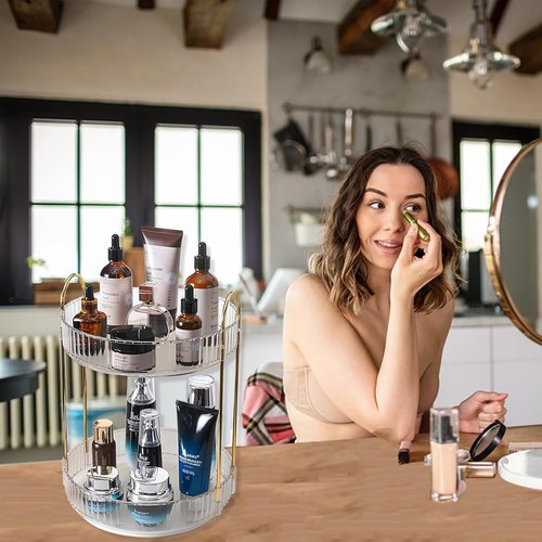 Asayuee 360° Rotating Makeup Organizer - Large Capacity 2-Tier Vanity Storage for Cosmetics & Skincare | Clear