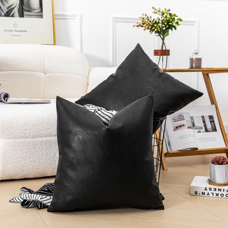 Vfuty Set of 2 Modern Black Faux Leather Pillow Covers 18x18 Inch Double-Sided Decorative Solid Pillow Case for Living Room Sofa Chair Bedroom Boho Farmhouse Cozy Home Decor