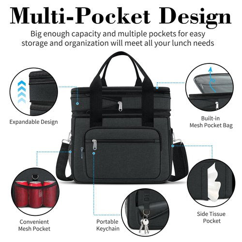 Coobiiya 23L Large Expandable Insulated Lunch Bag Cooler Bag，Lunch Box for Men Double Deck Leakproof，Heavy Duty LunchBag with 4 Ice Packs&10 Snack Cooler Bags for Camping, Travel, Kayaking & Beach