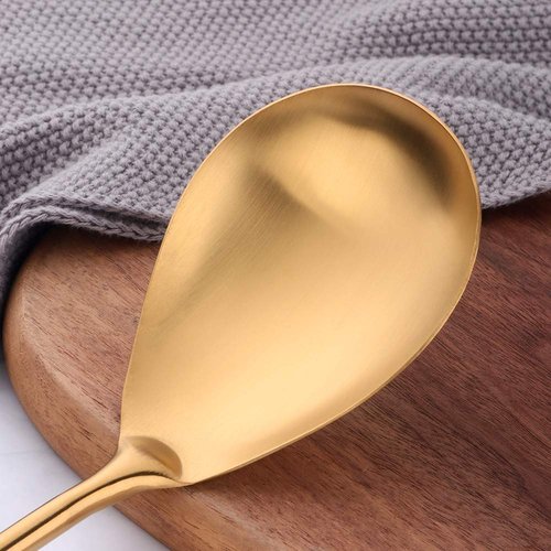 Kitchen Utensil Set -7PCS Gold 18/8(304) Stainless Steel -Wide Spatula,Soup Ladle,Strainer Ladle,Slotted Spatula,Spaghetti Server,Rice Scoop Spoon and Whisk