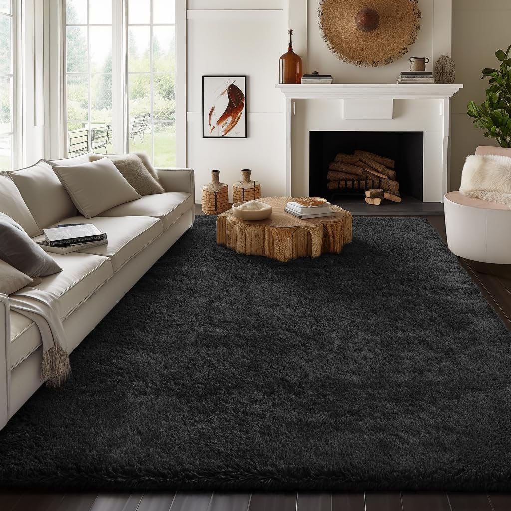 Ophanie 7x10 Black Area Rug - Soft Shag Carpet for Living Room & Nursery Decor | Thick & Fluffy Design