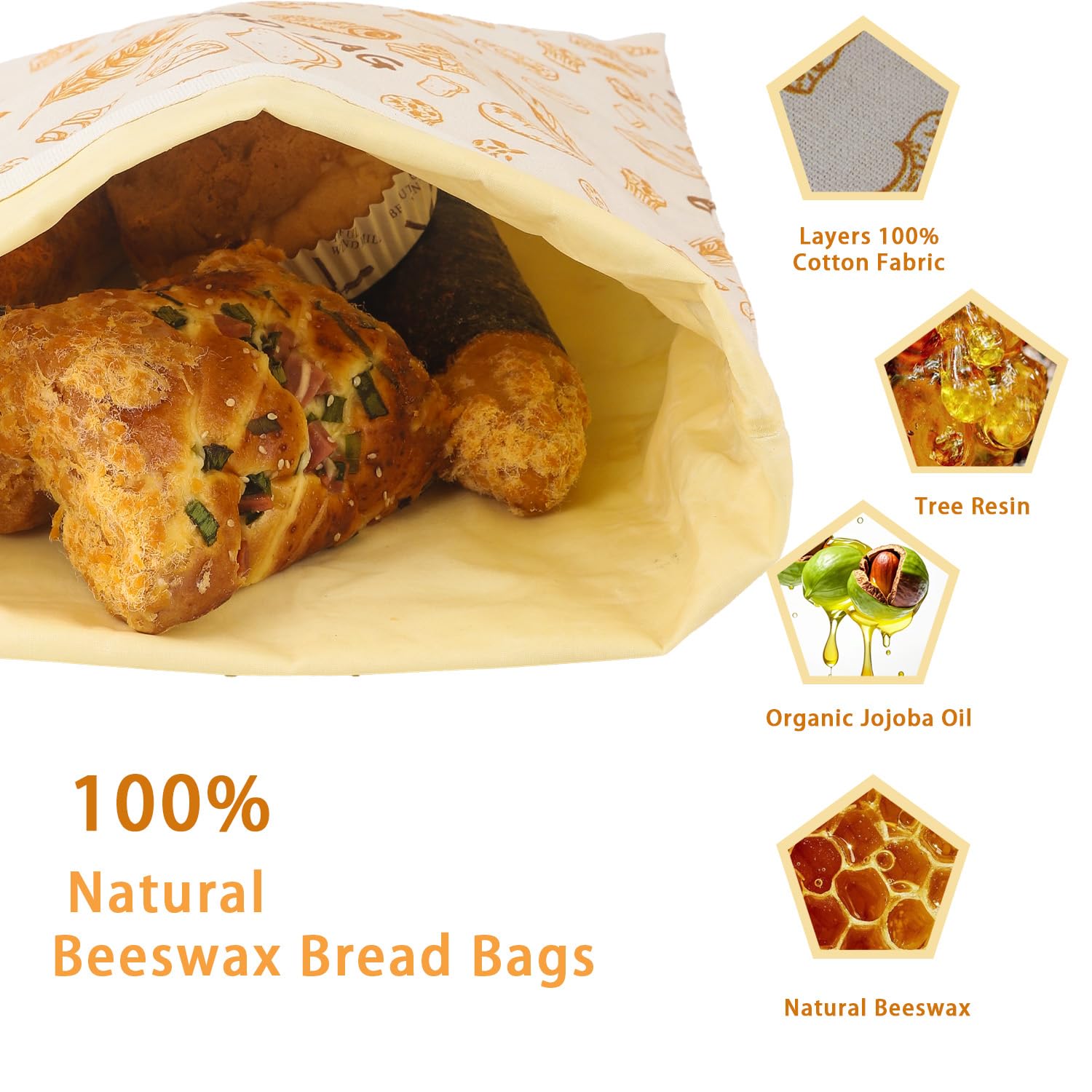 Reusable Bread Bag with Beeswax Lining – 2 Pack XL Cotton Bread Storage Bag for Homemade Sourdough, Baguette, Loaves – Eco-Friendly Waxed Food Wrap for Kitchen & Freezer