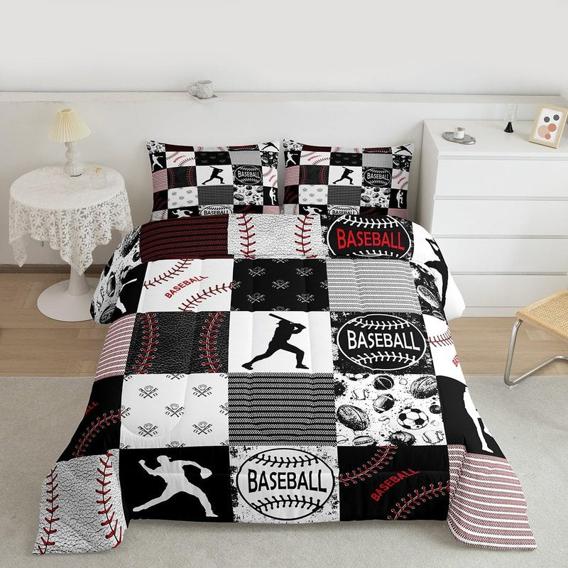 Erosebridal Twin Kids Baseball Comforter Set Softball Bedding Set Sports Game Quilted Comforter for Kids Patchwork Down Comforter Baseball Gift Duvet Insert 2pcs, Red Black Gray,Twin