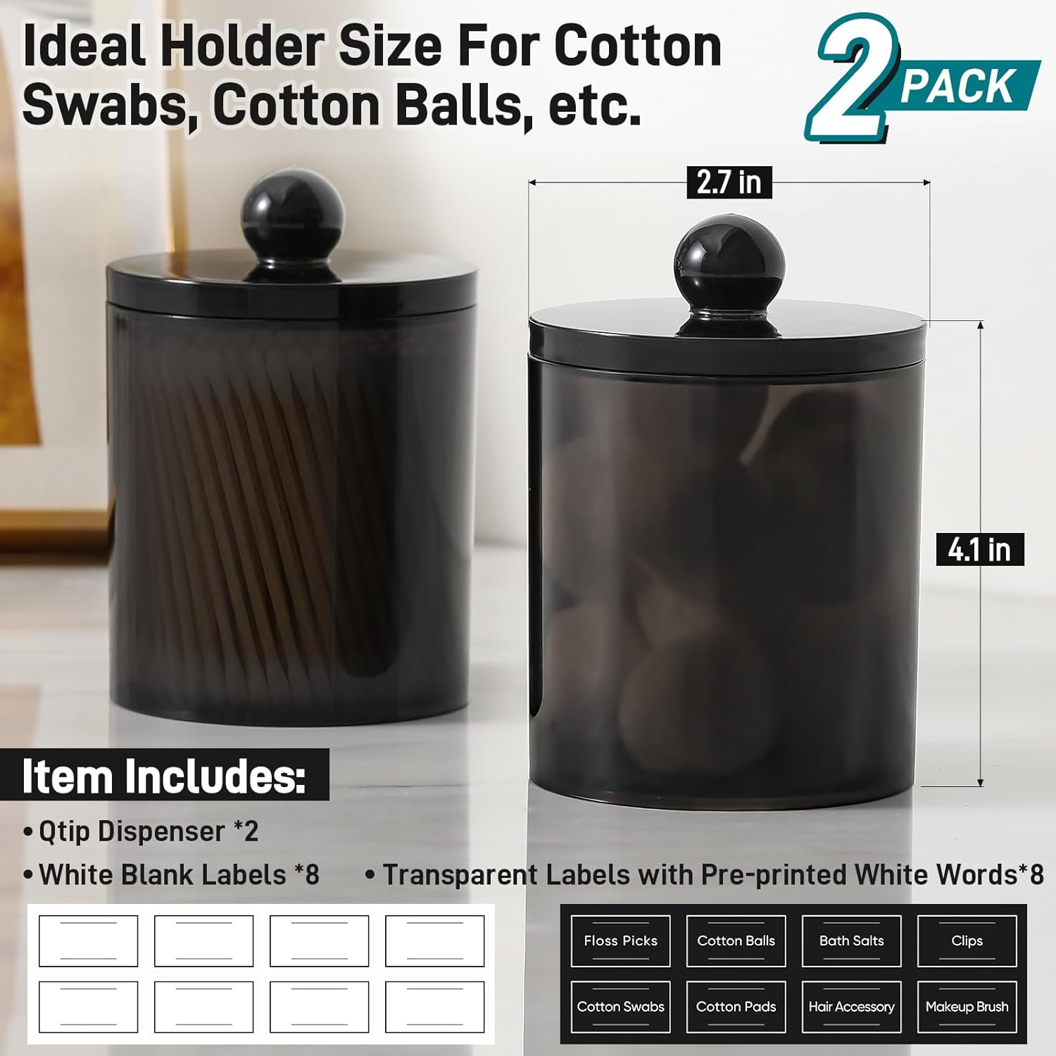 Skiennix Acrylic Qtip Holder Dispenser - Clear Canister Set for Cotton Swabs & Makeup Storage | 2 Pack