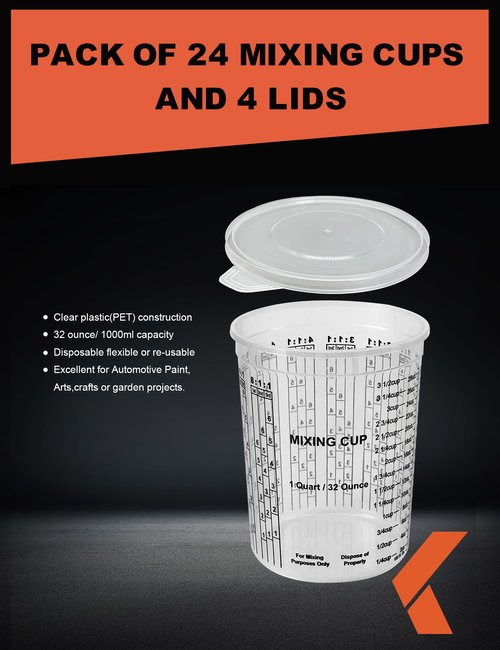 KREFINISH 32 OZ Paint Mixing Cups Disposable Flexible Clear Graduated Plastic Measuring Cups Box of 24 Cups & 4 Lids Use for Automotive Painting, Epoxy Resin, Acrylic Arts, Kitchen - Mixing Ratios