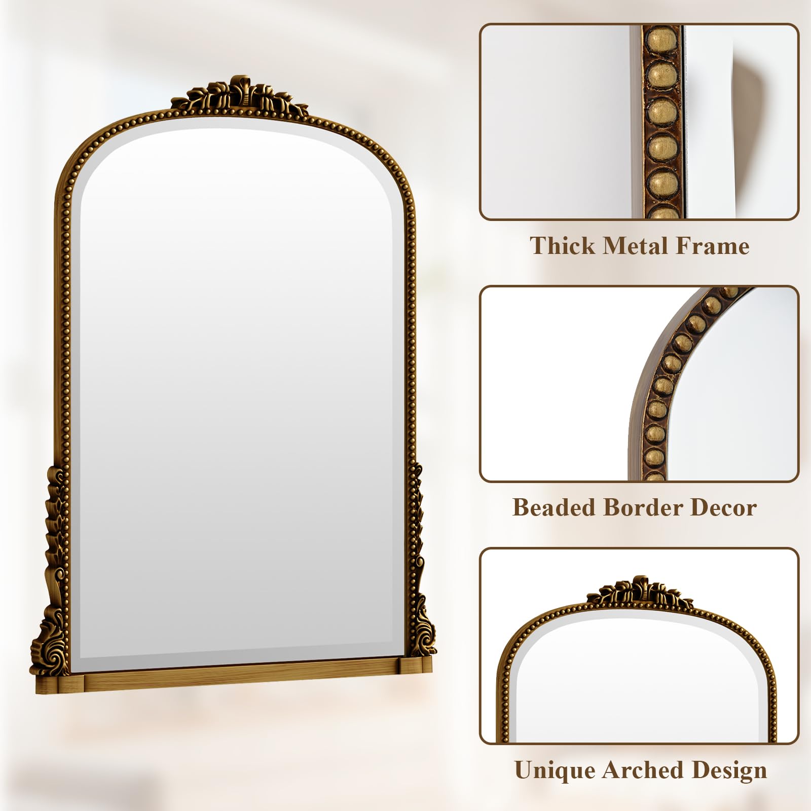 VETROVUE 32x24 Beaded Arched Mirror, Bathroom Mirror for Over Sink, Metal Frame Wall Decor for Entryway, Bedroom, Living Room, Gold