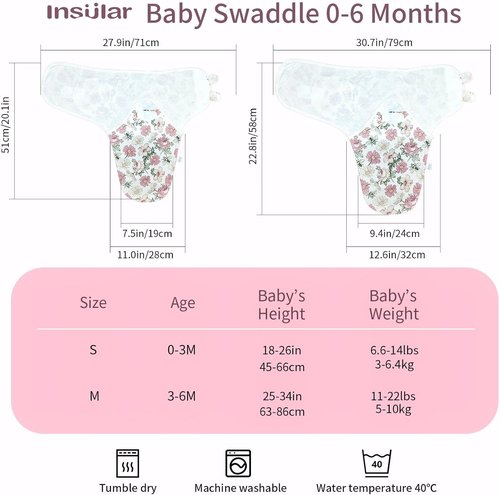 Insular Baby Swaddle Wrap - Adjustable Swaddling Set for Newborns | Soft Cotton Sleep Sack 3 Pack, Floral (0-3 Months)