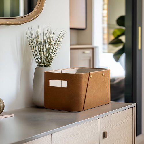 La Jolie Maison Storage Baskets for Organizing, 2 Pack, Storage Cube Boxes Luxury Brown Vegan Leather for Closet Shelf Cabinet Bookcase Camel