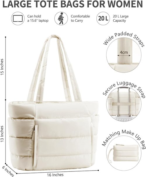 Bagstellar Puffer Tote Bag - Lightweight Quilted Handbag for Work & Travel | 15.6" Laptop & Tumbler Holder