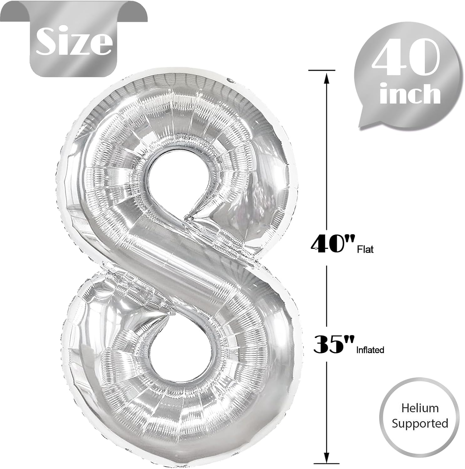 Silver 8 Balloon - 40 Inch Number Balloon for 8th Birthday Celebrations | Perfect for Boys & Girls