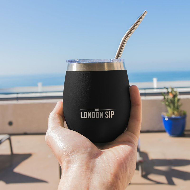 London Sip Yerba Mate Cup and Bombilla Set, Includes 2 Gourds (8 oz each), Spill Resistant Lids, Straws, Bombilla Brush and Pouch Included, Black