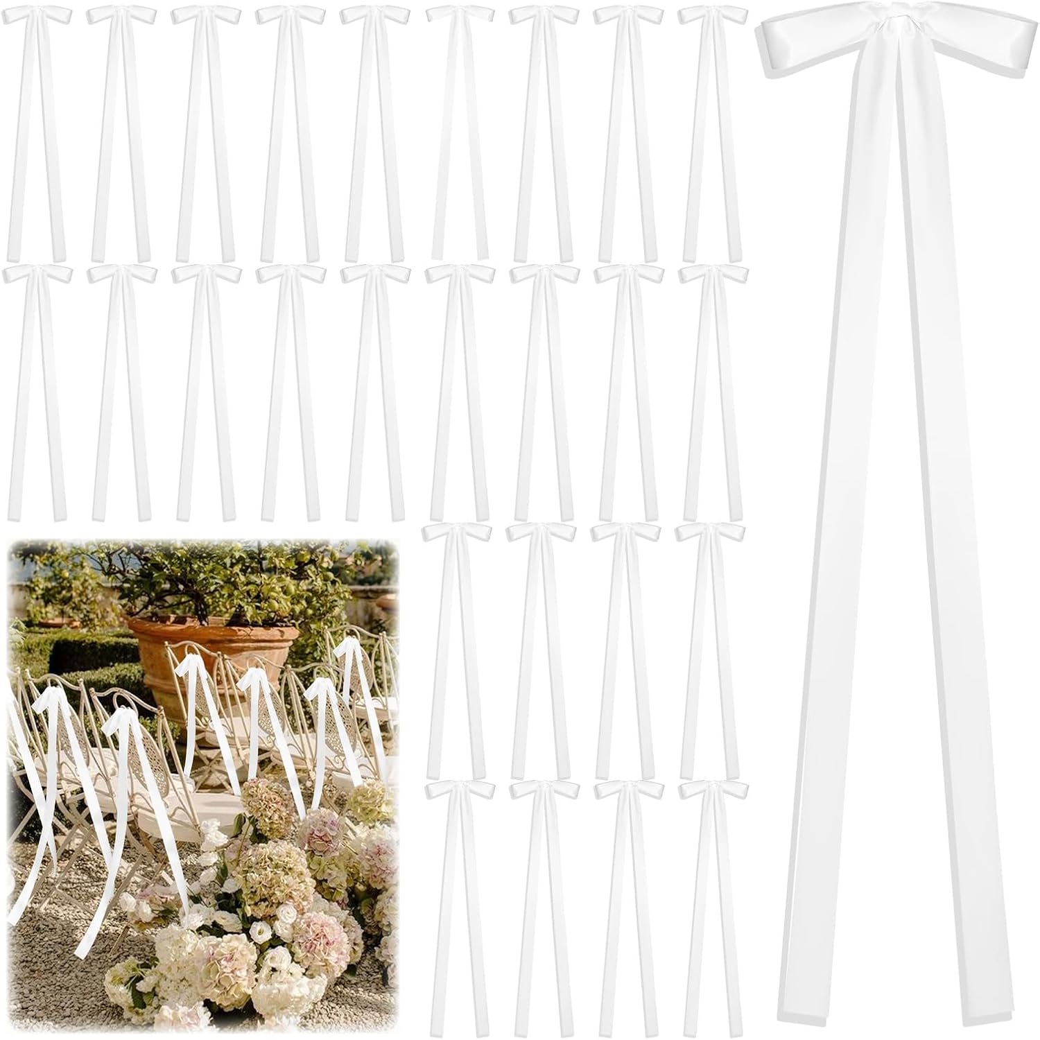 Regine Switzerland 24 Pcs Large White Wedding Ribbon Bows - Elegant Decorative Sashes for Chairs